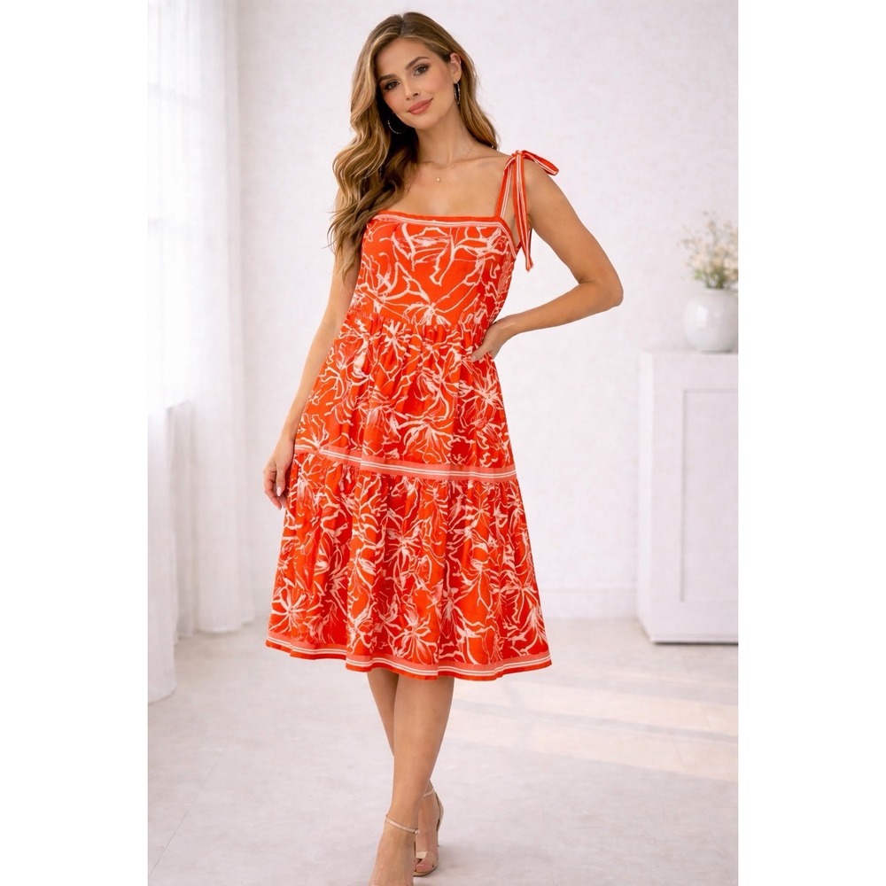 Umgee Tropical Floral Dress Tie Straps Orange White Knee Length Sundress Sz. L